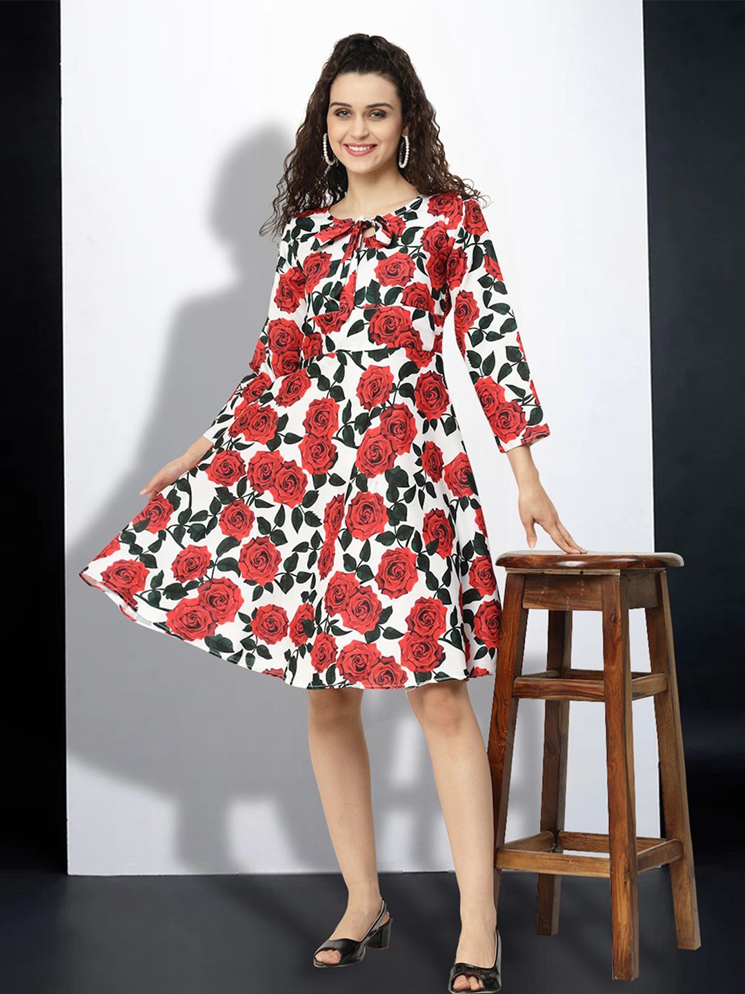 

MISS AYSE Floral Print Tie-Up Neck Fit & Flare Dress, Red