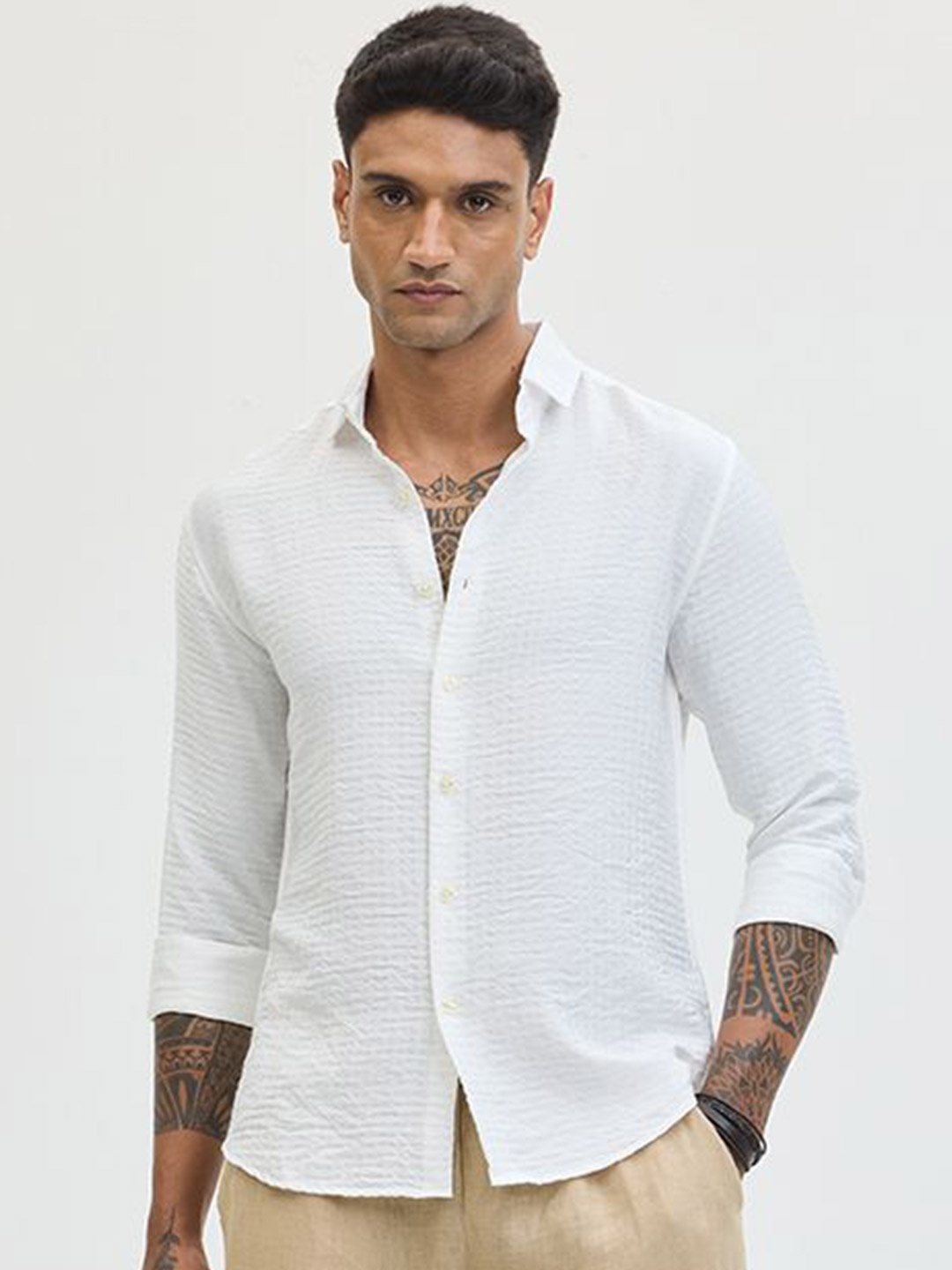 

Snitch Men Spread Collar Textured Casual Shirt, White