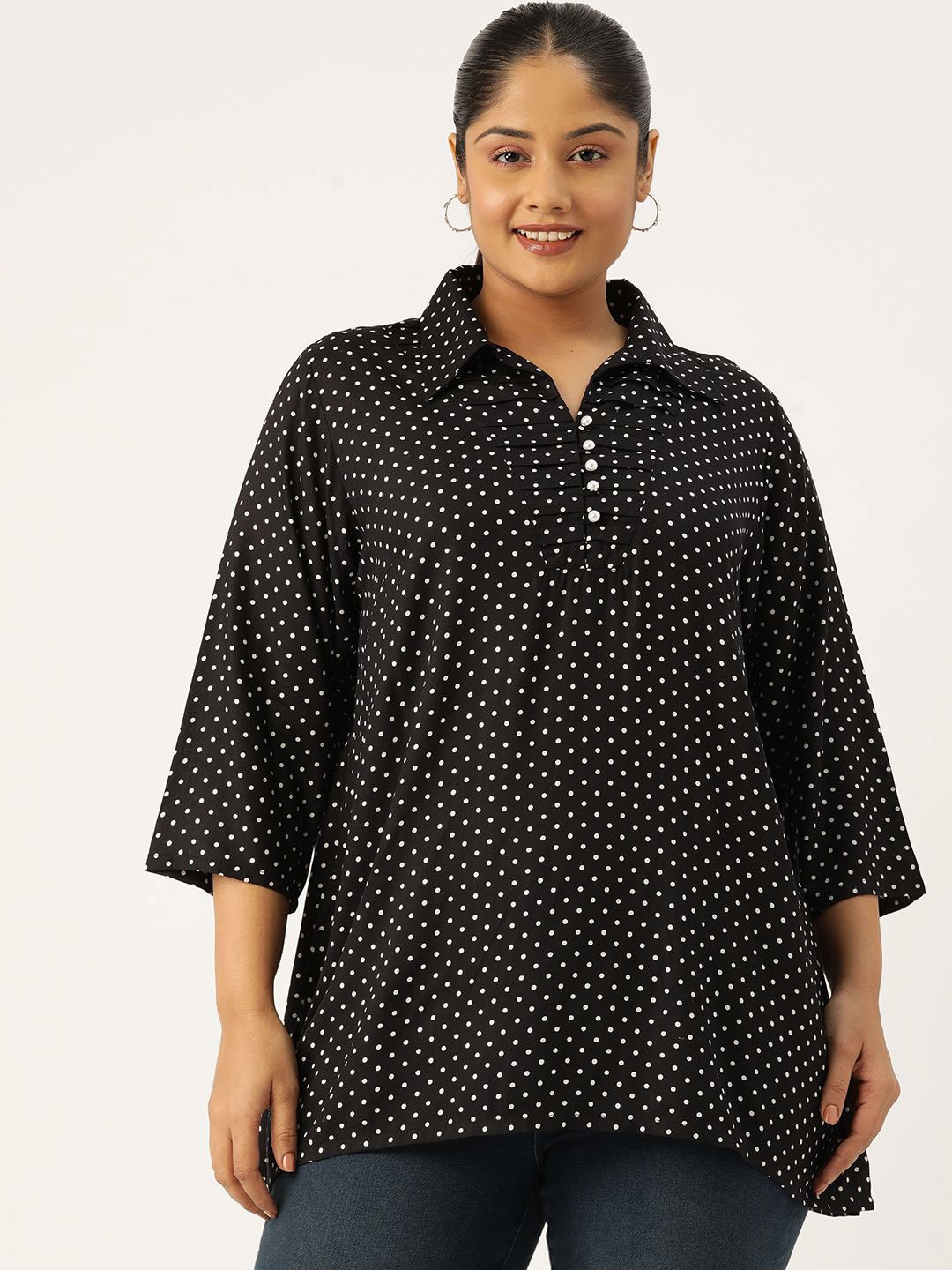 

theRebelinme Polka Dot Print Shirt Style Longline Top, Black