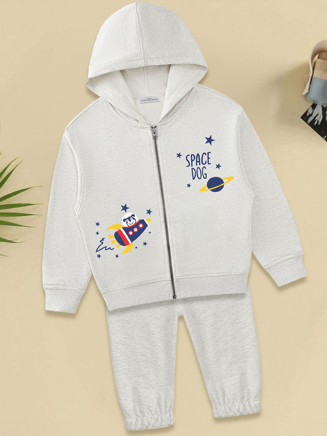 

FOREVER FRIDAY Boys Printed Hooded Pure Cotton Sweatshirt With Joggers, Grey