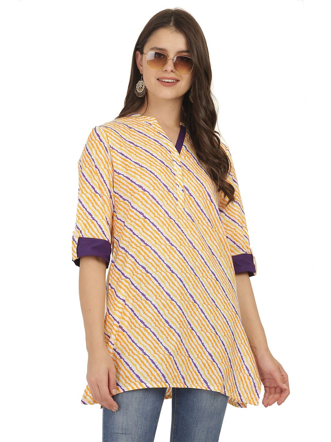 

Jivitha Striped Mandarin Collar Block Print Cotton Longline Top, Purple