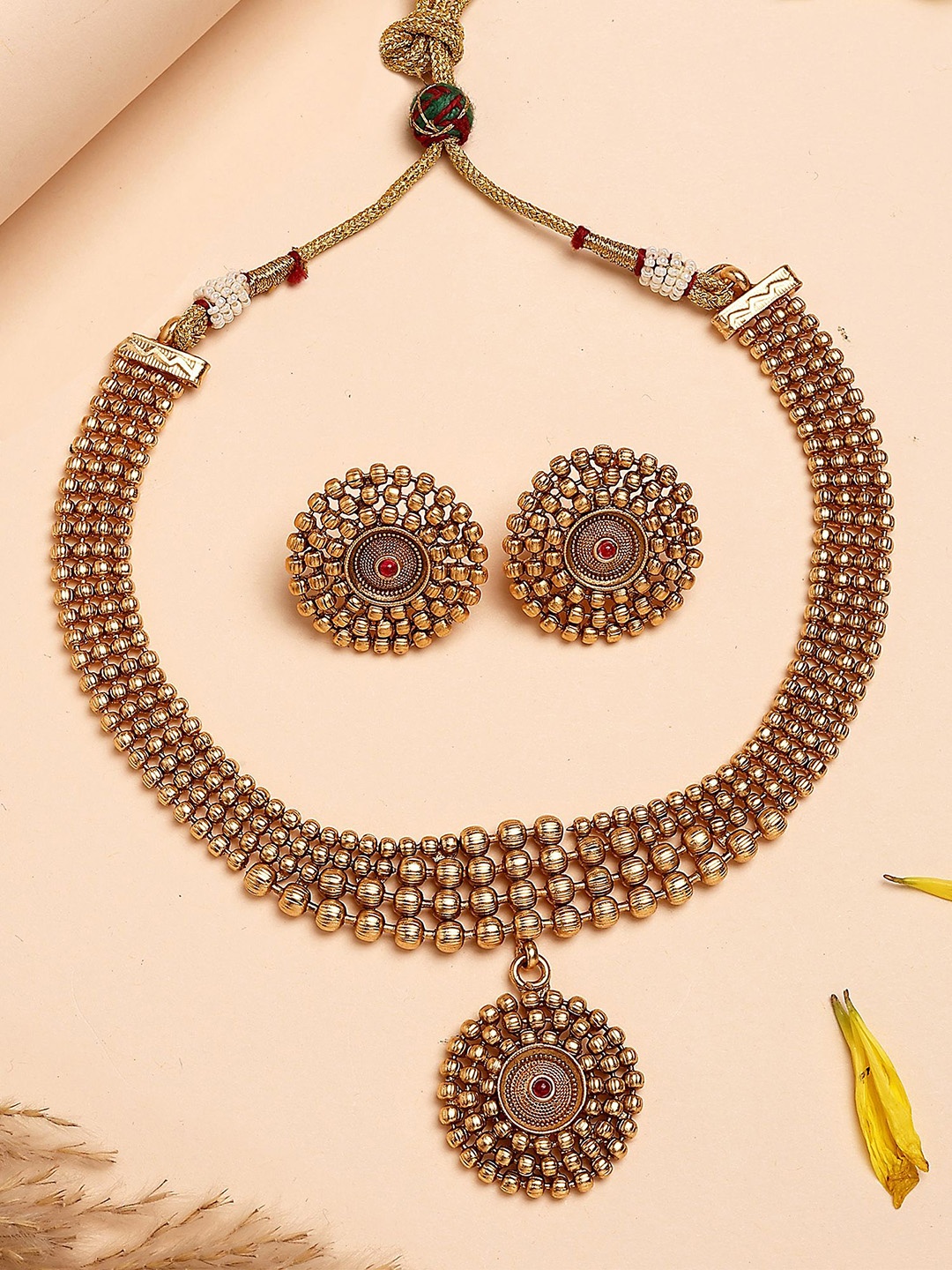 

KARATCART Gold-Plated Kundan Stone Studded Round Balls Beaded Necklace and Earrings