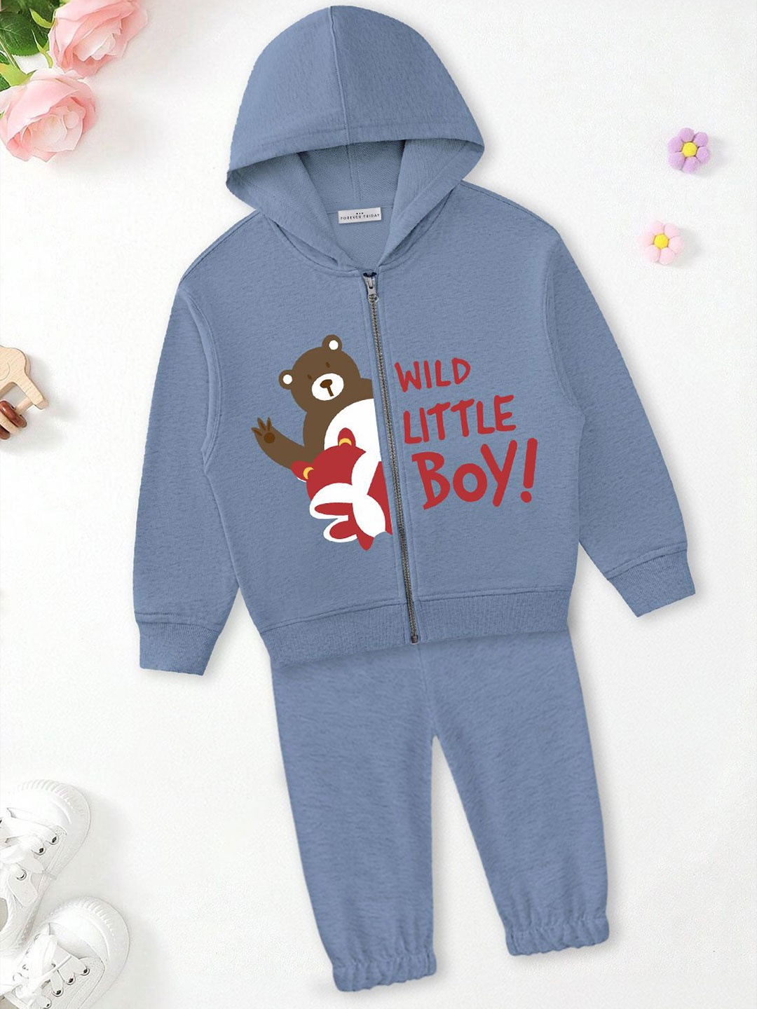 

FOREVER FRIDAY Boys Printed Hooded Pure Cotton Sweatshirt With Joggers, Blue