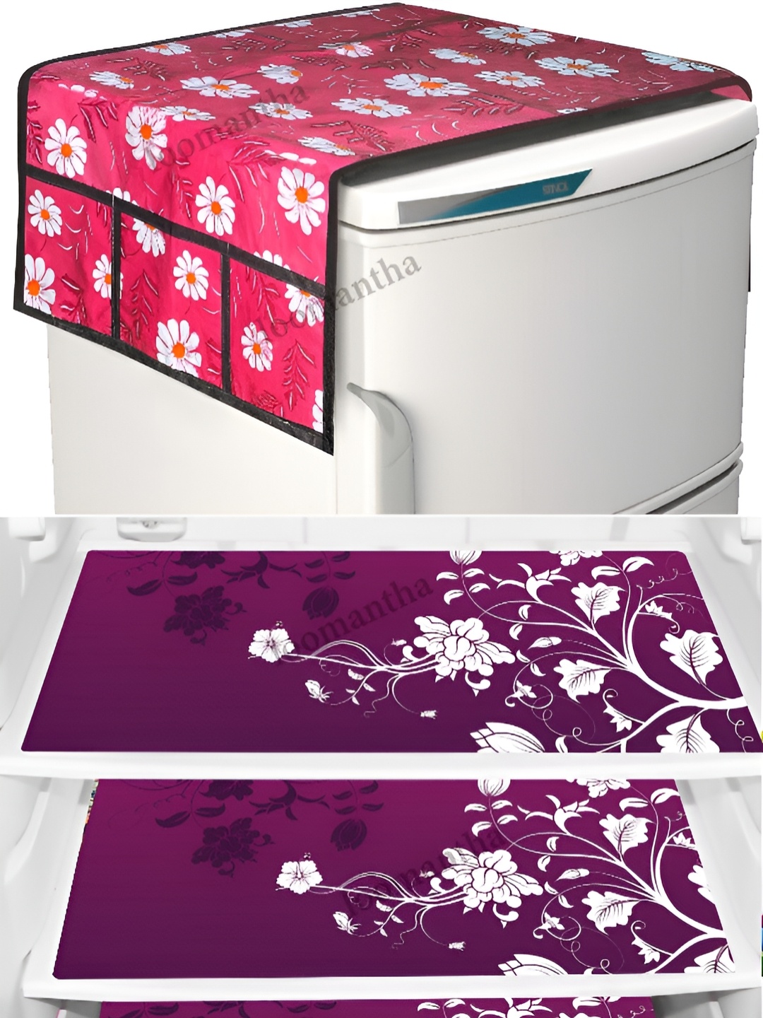 

Dakshya Industries 4Pcs Pink & White Printed Refrigerator Covers