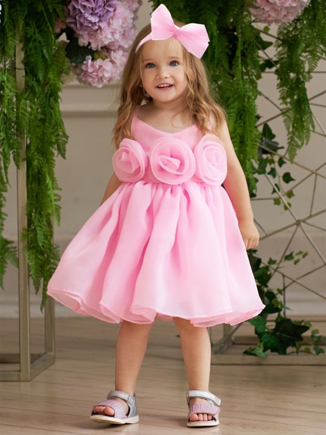 

LULU & SKY Girls Shoulder Straps Fit & Flare Knee Length Dress With Headband, Pink