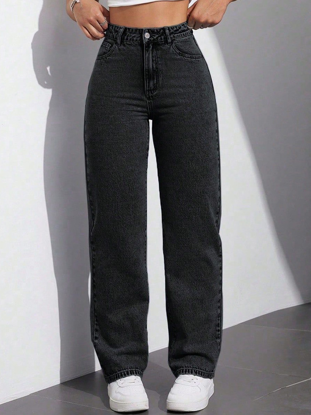 

Glossia Women Comfort Straight Fit High-Rise Light Fade Acid Wash Stretchable Jeans, Black