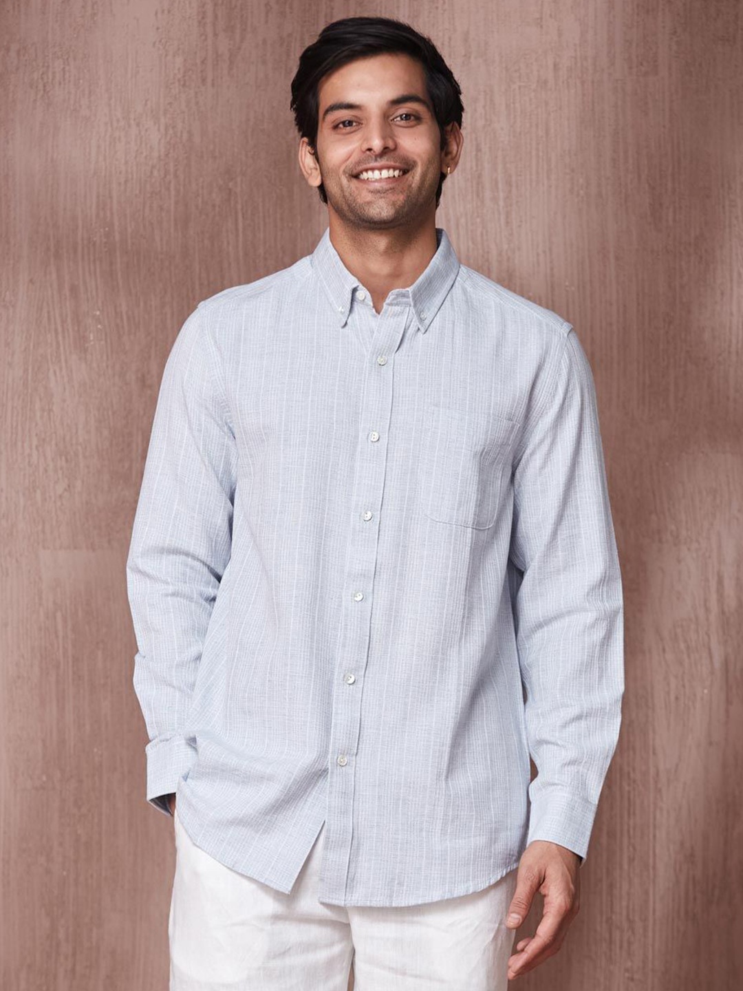 

Fabindia Men Relaxed Fit Button-Down Collar Vertical Striped Cotton Casual Shirt, Blue
