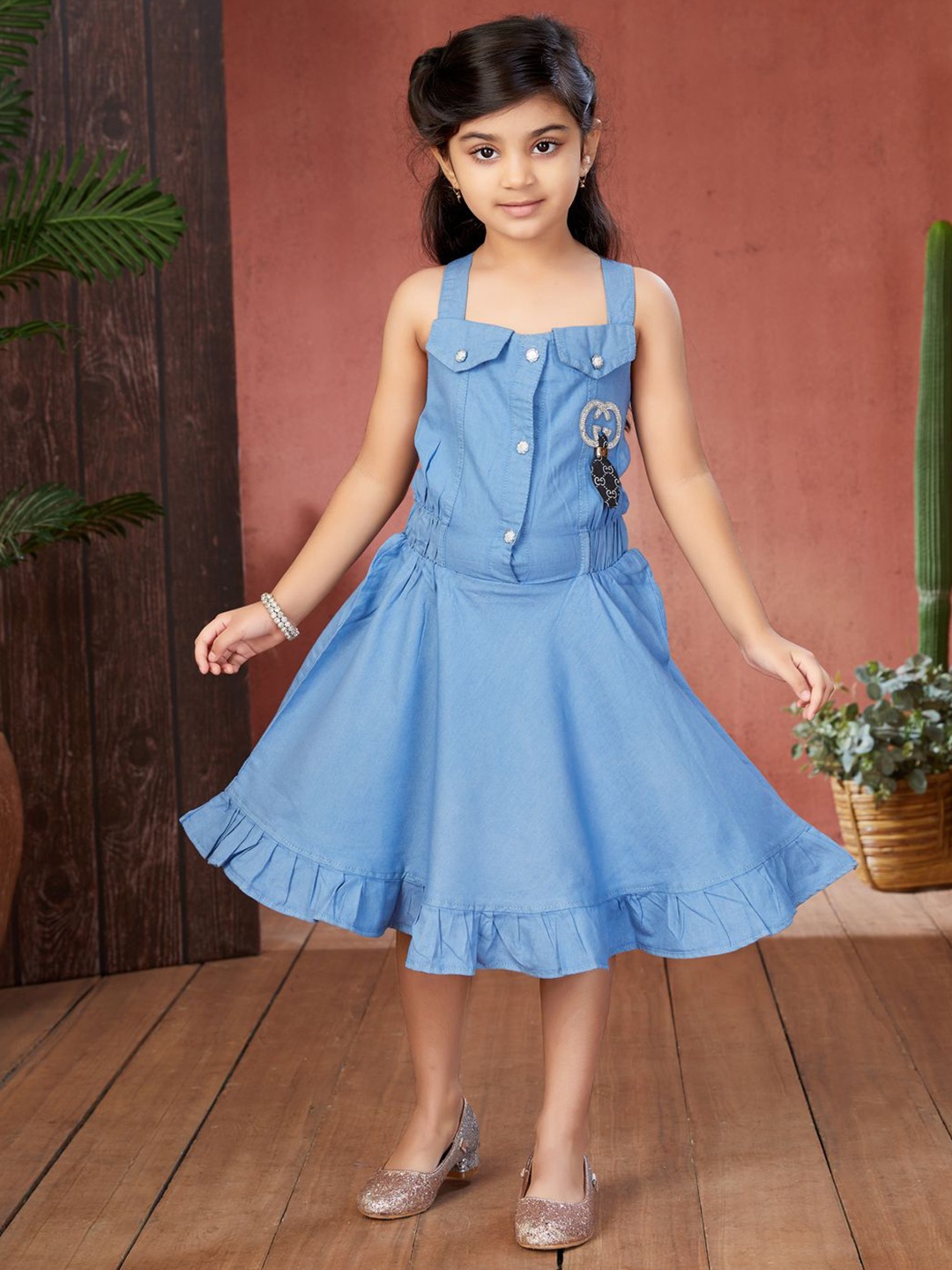 

YK Girls Shoulder Straps A-Line Dress, Blue