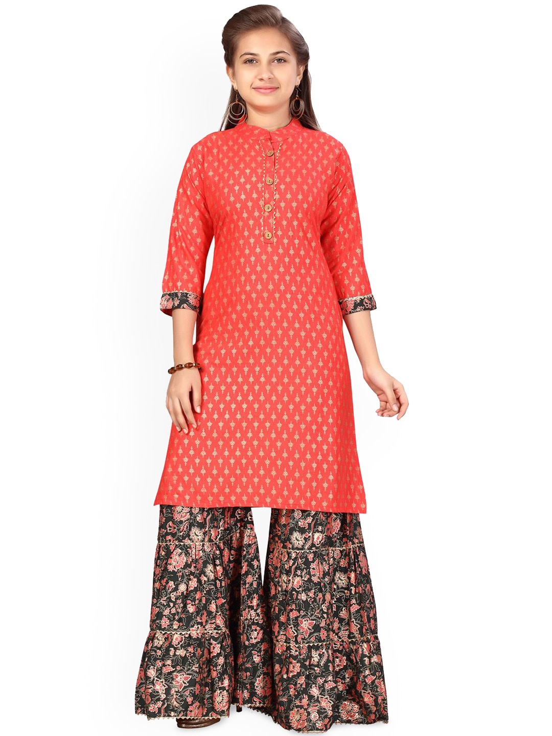 

Sangria Girls Red Ethnic Motifs Printed Mandarin Collar Pure Cotton Kurta & Sharara