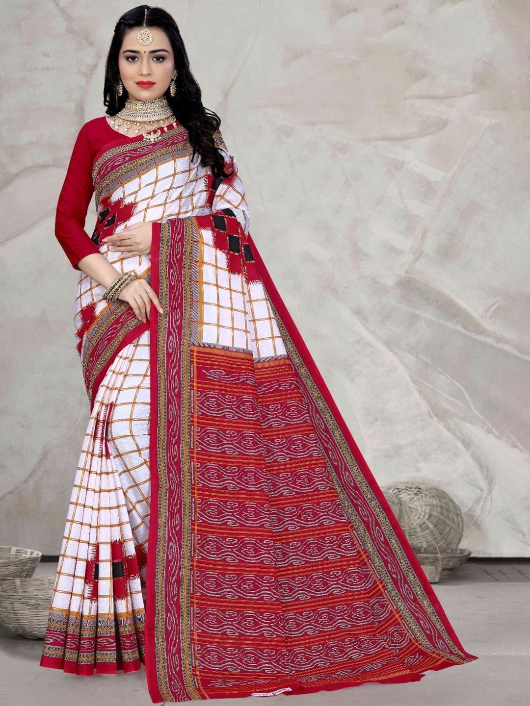 

pasapalli Checked Pure Cotton Sambalpuri Saree, White