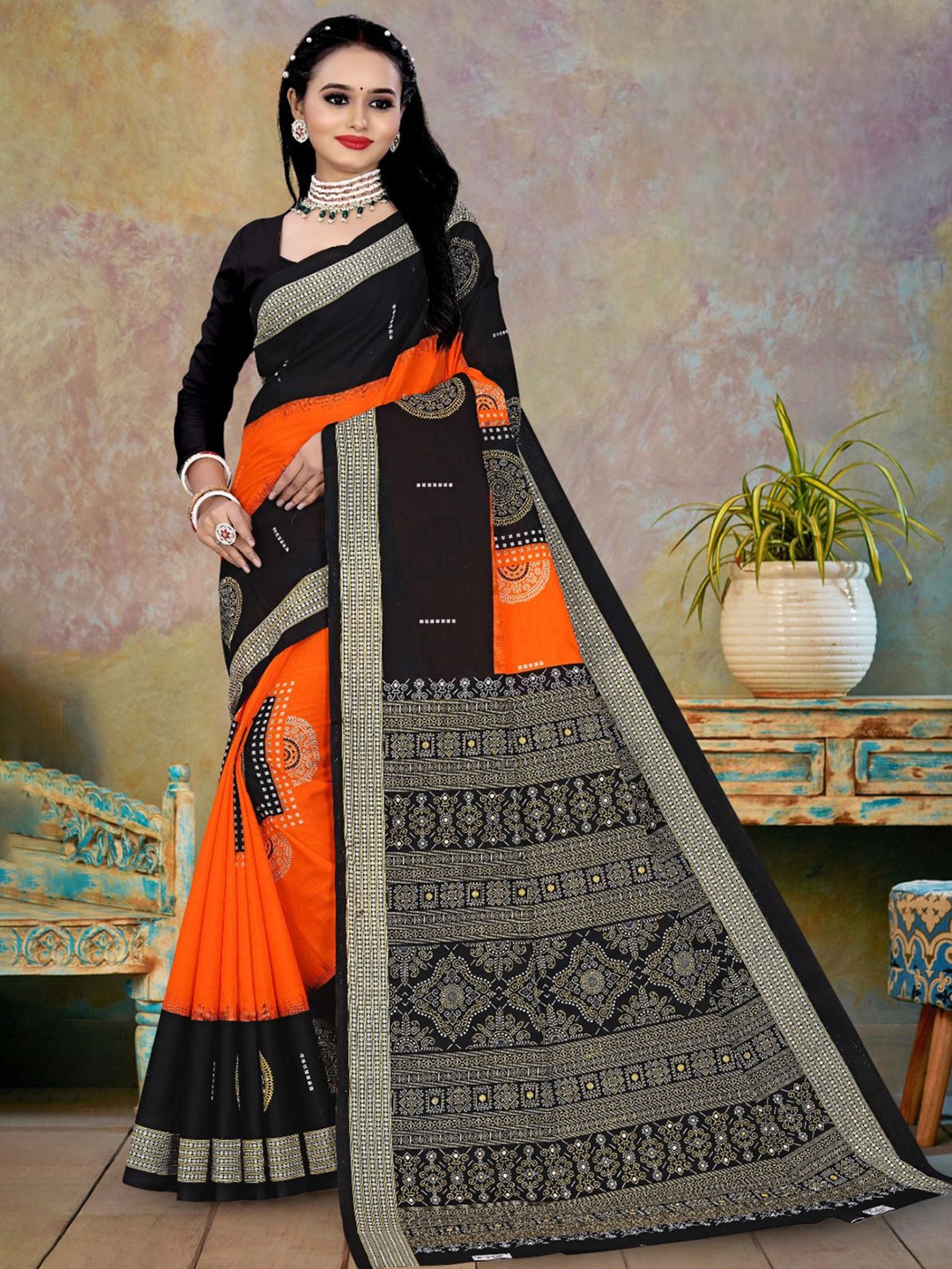 

pasapalli Ethnic Motifs Pure Cotton Sambalpuri Saree, Black