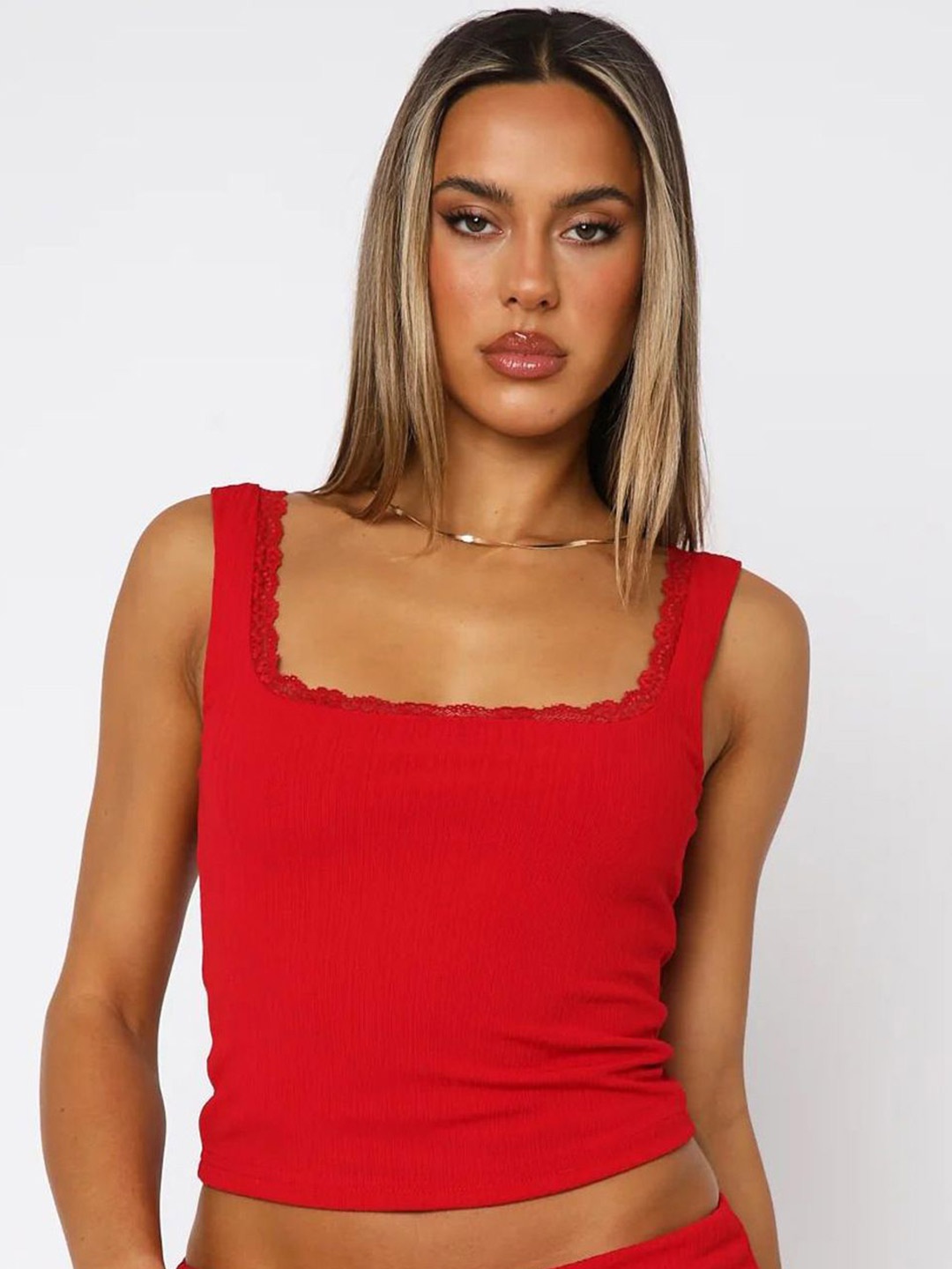 

StyleCast x Revolte Women Shoulder Straps Fitted Crop Top With Lace Inserts, Red