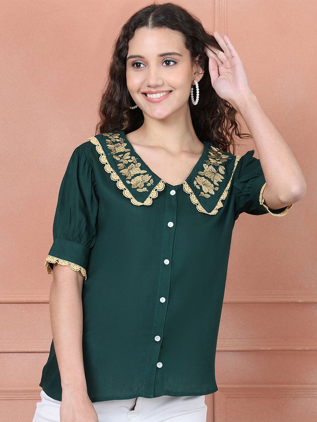 

Indian Needle Women Floral Embroidered Peter Pan Collar Shirt Style Top, Olive