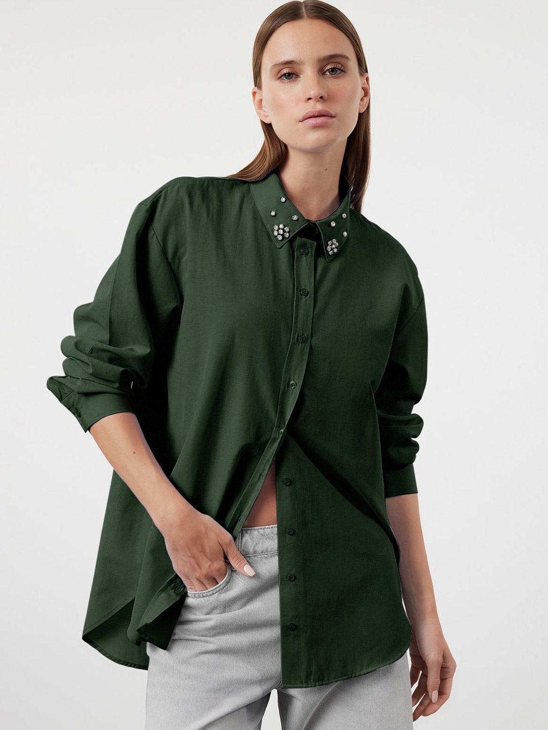 

Trendyol Women Spread Collar Solid Casual Shirt, Olive