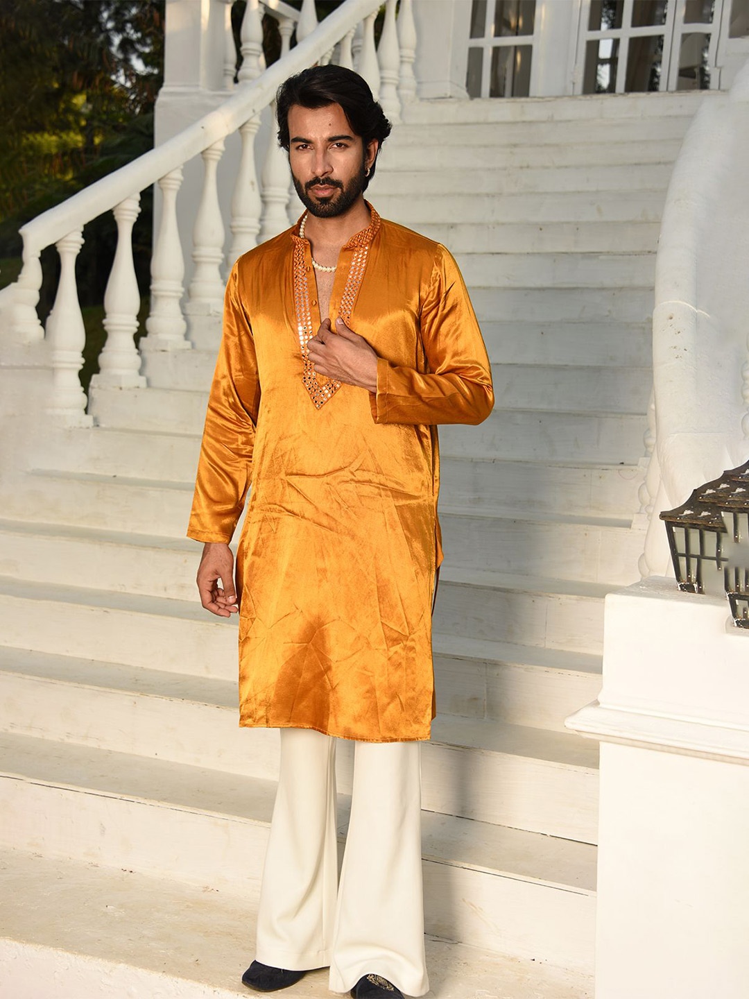 

Laalzari Geometric Embroidered Mirror Work Pure Silk Straight Kurta With Trousers, Mustard