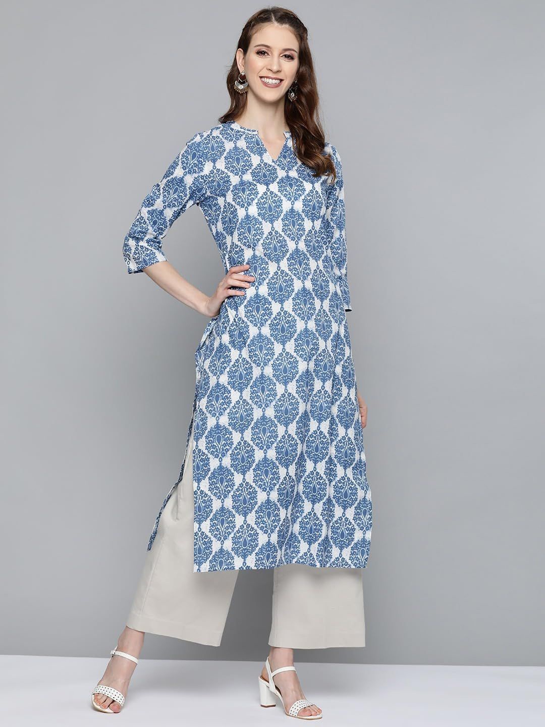 

13-Star Ethnic Motifs Printed Notch Neck Cotton Kurta, Blue