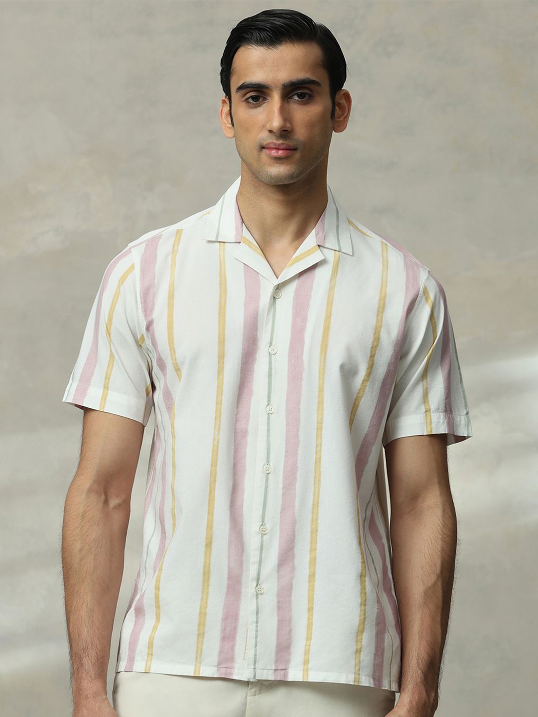 

Mufti Men Slim Fit Cuban Collar Vertical Striped Cotton Casual Shirt, Pink