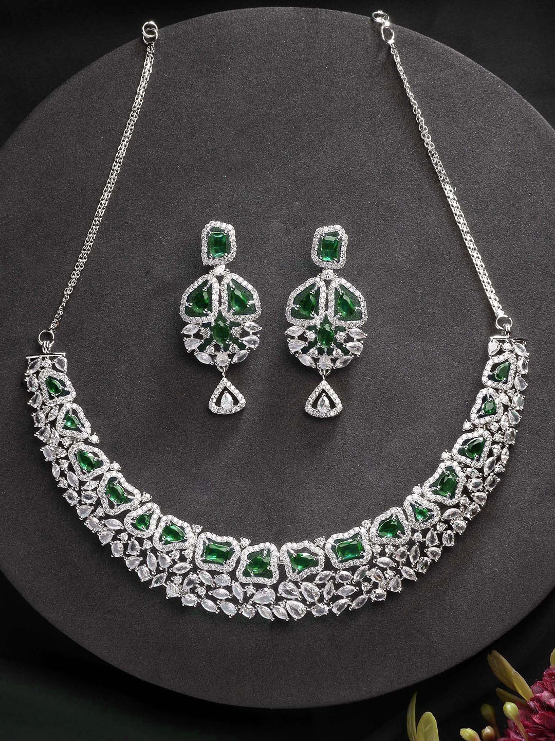 

KARATCART Silver-Plated American Diamond Stone Studded Jewellery Set