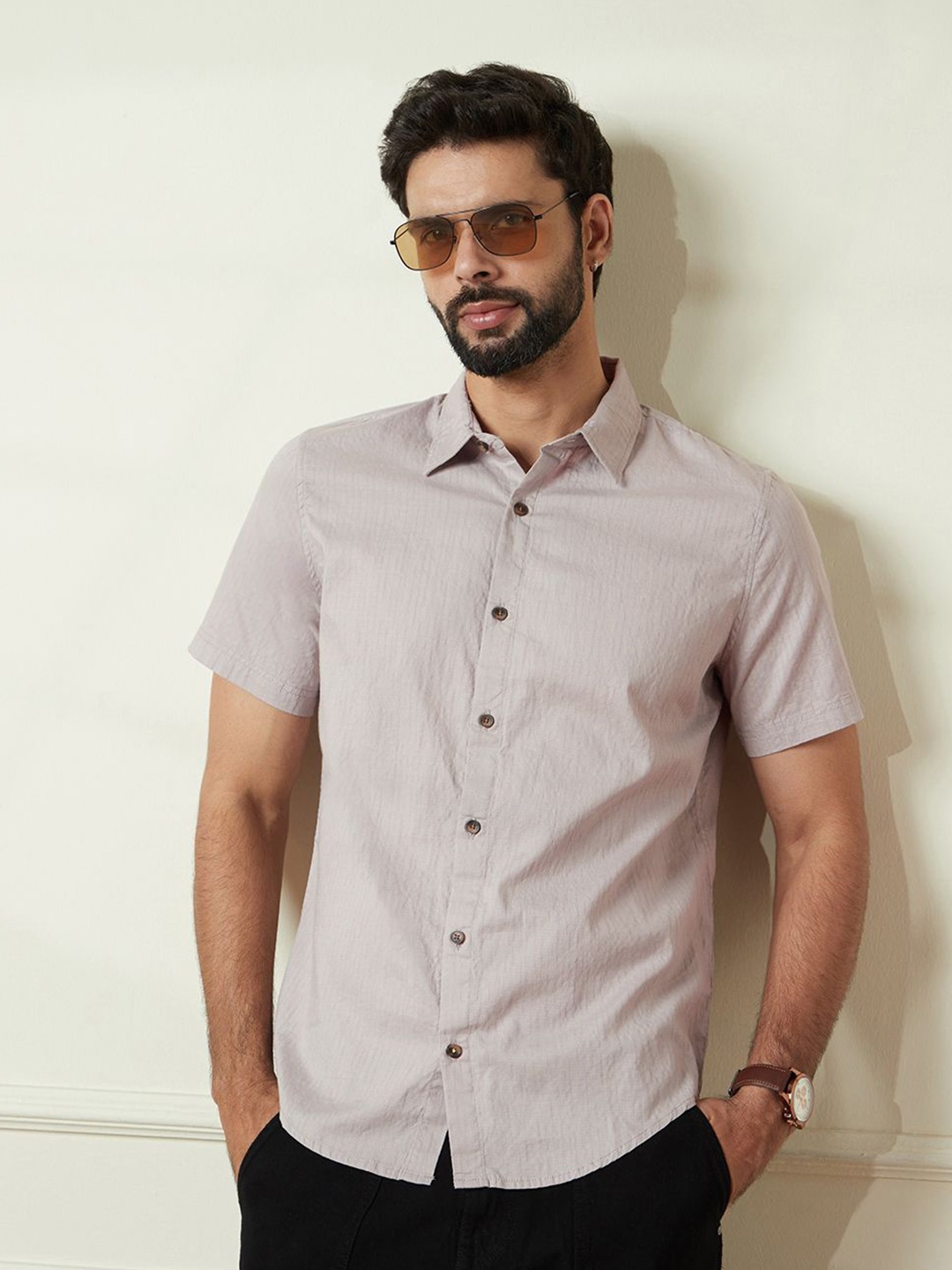 

WROGN Men Comfort Slim Fit Spread Collar Solid Cotton Casual Shirt, Grey