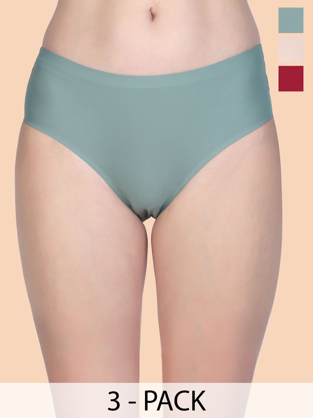 

Amour Secret Pack Of 3 Seamless Hipster Briefs P5004_Mrn_Nud_Grn_S, Green
