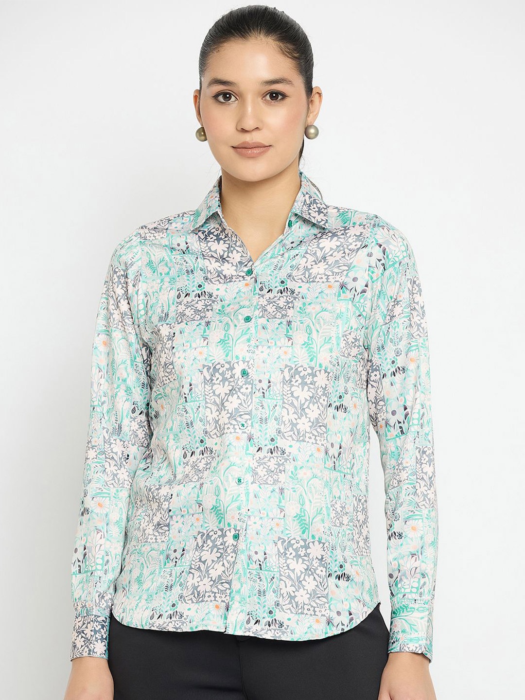 

Novio Women Comfort Fit Spread Collar Floral Printed Satin Casual Shirt, Beige