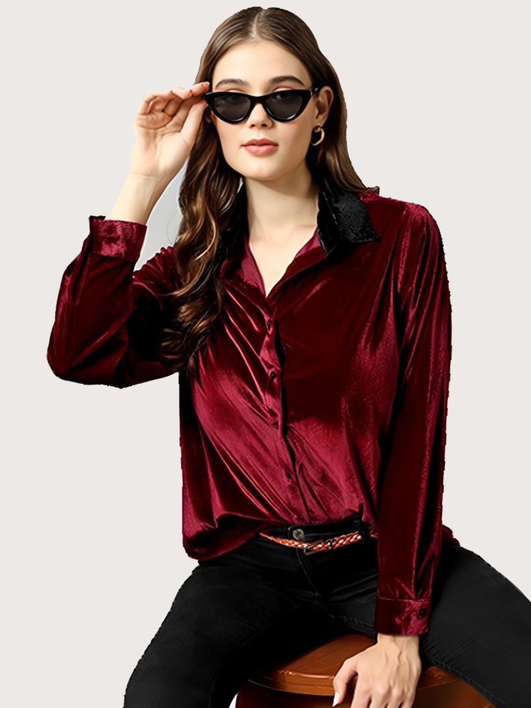 

UNLOKALE Women Velvet Shirt Style Top, Burgundy