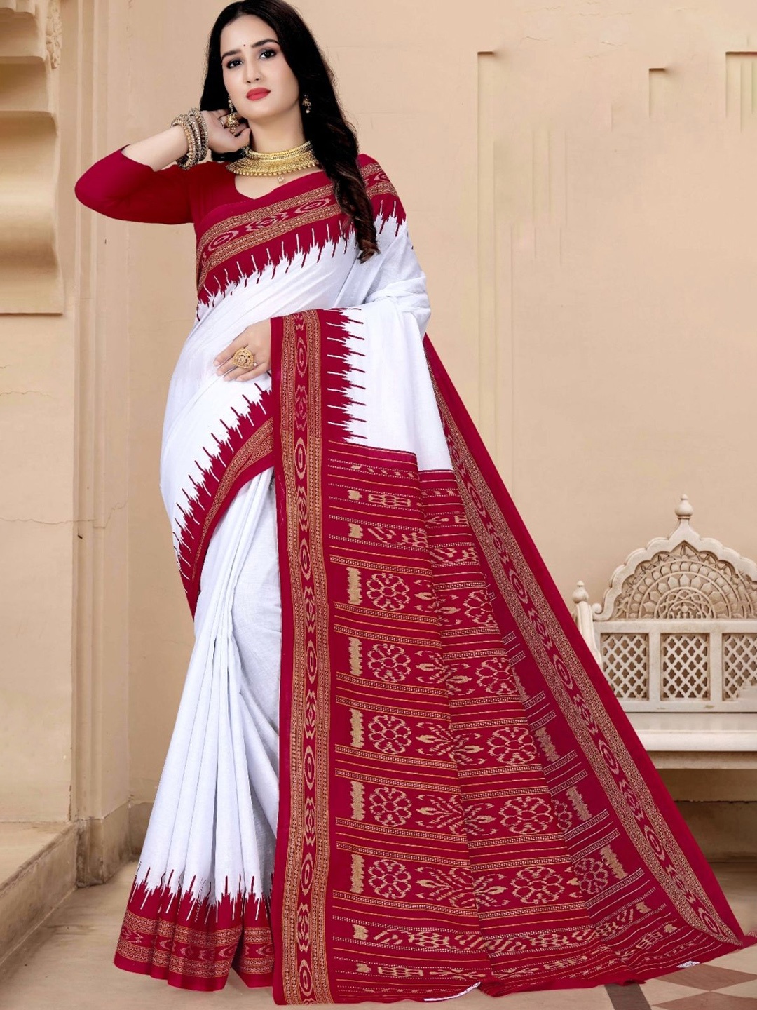 

pasapalli Floral Pure Cotton Sambalpuri Saree, White