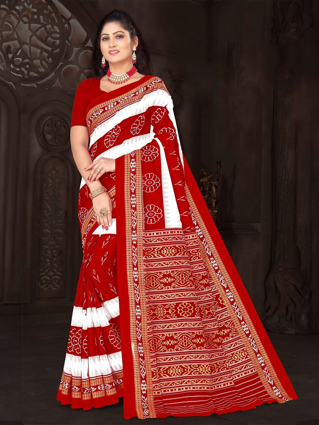 

pasapalli Floral Pure Cotton Sambalpuri Saree, White