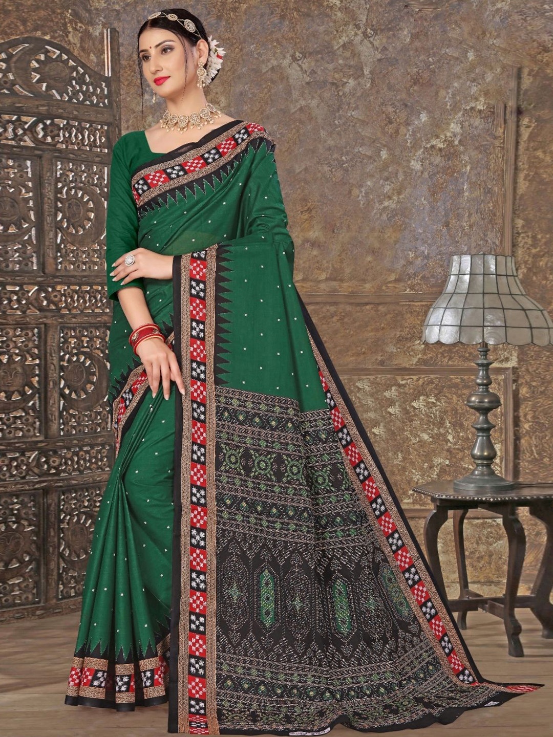 

pasapalli Pure Cotton Sambalpuri Saree, Green
