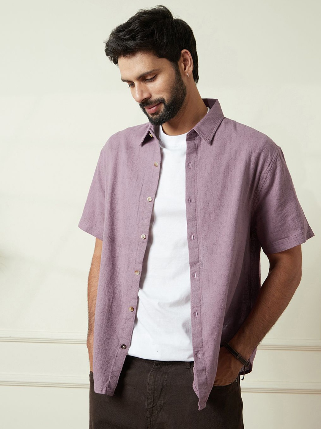 

WROGN Men Comfort Relaxed Fit Spread Collar Textured Cotton Casual Shirt, Mauve