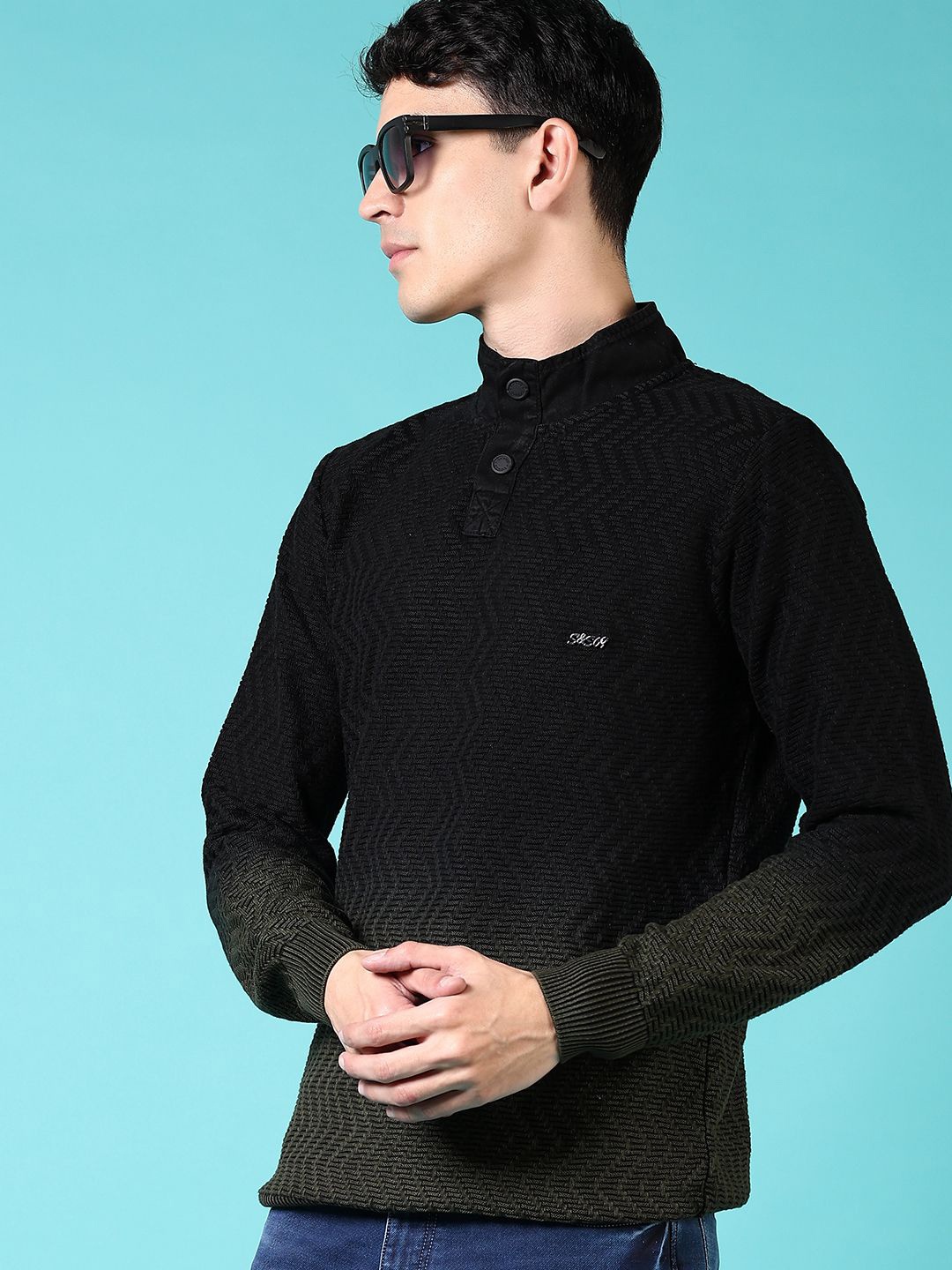 

V-Mart Men Chevron Mock Collar Cotton Pullover Sweater, Olive