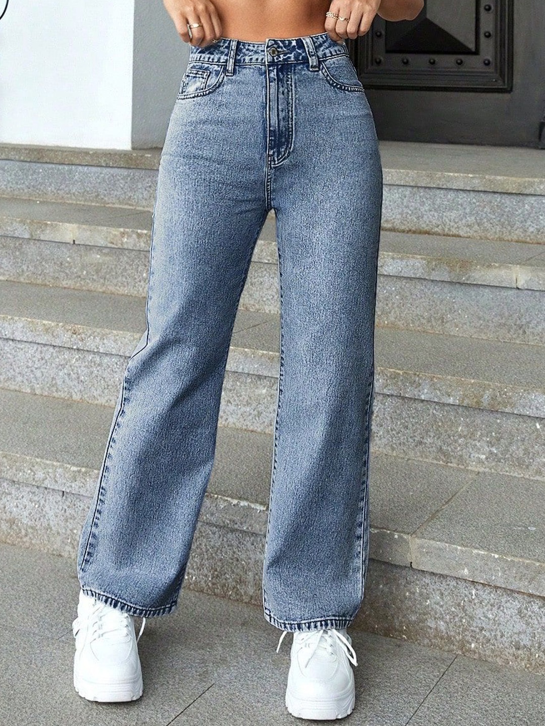 

Glossia Women Comfort Straight Fit High-Rise Light Fade Acid Wash Stretchable Jeans, Blue