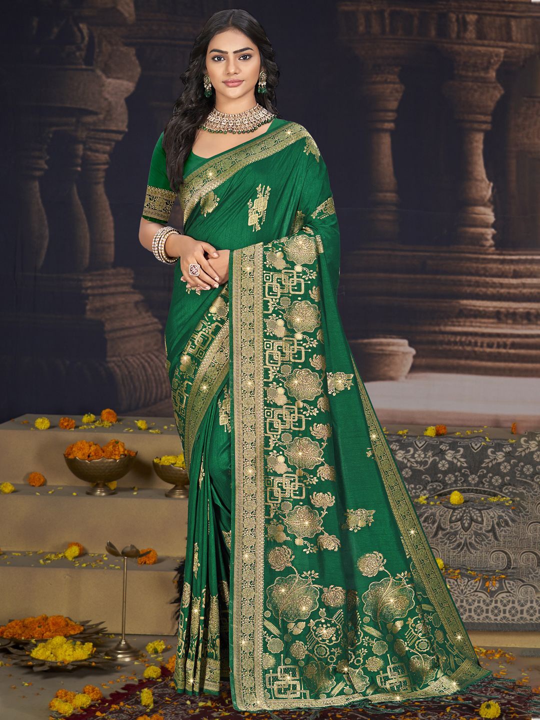 

SANGAM PRINTS Woven Design Ethnic Motifs Zari Tussar Saree, Green