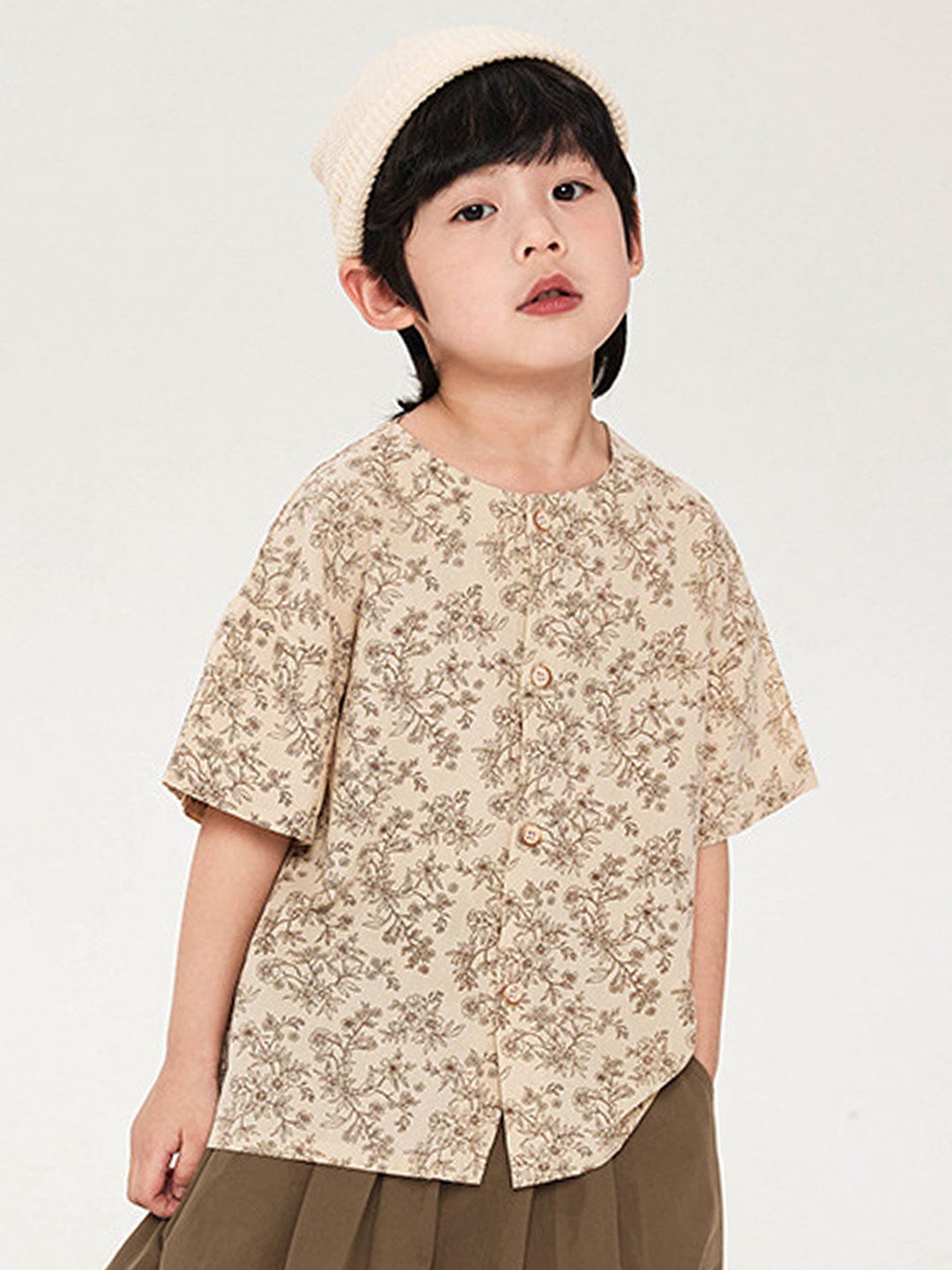 

LULU & SKY Boys Oversized Fit Collarless Floral Printed Organic Cotton Casual Shirt, Khaki