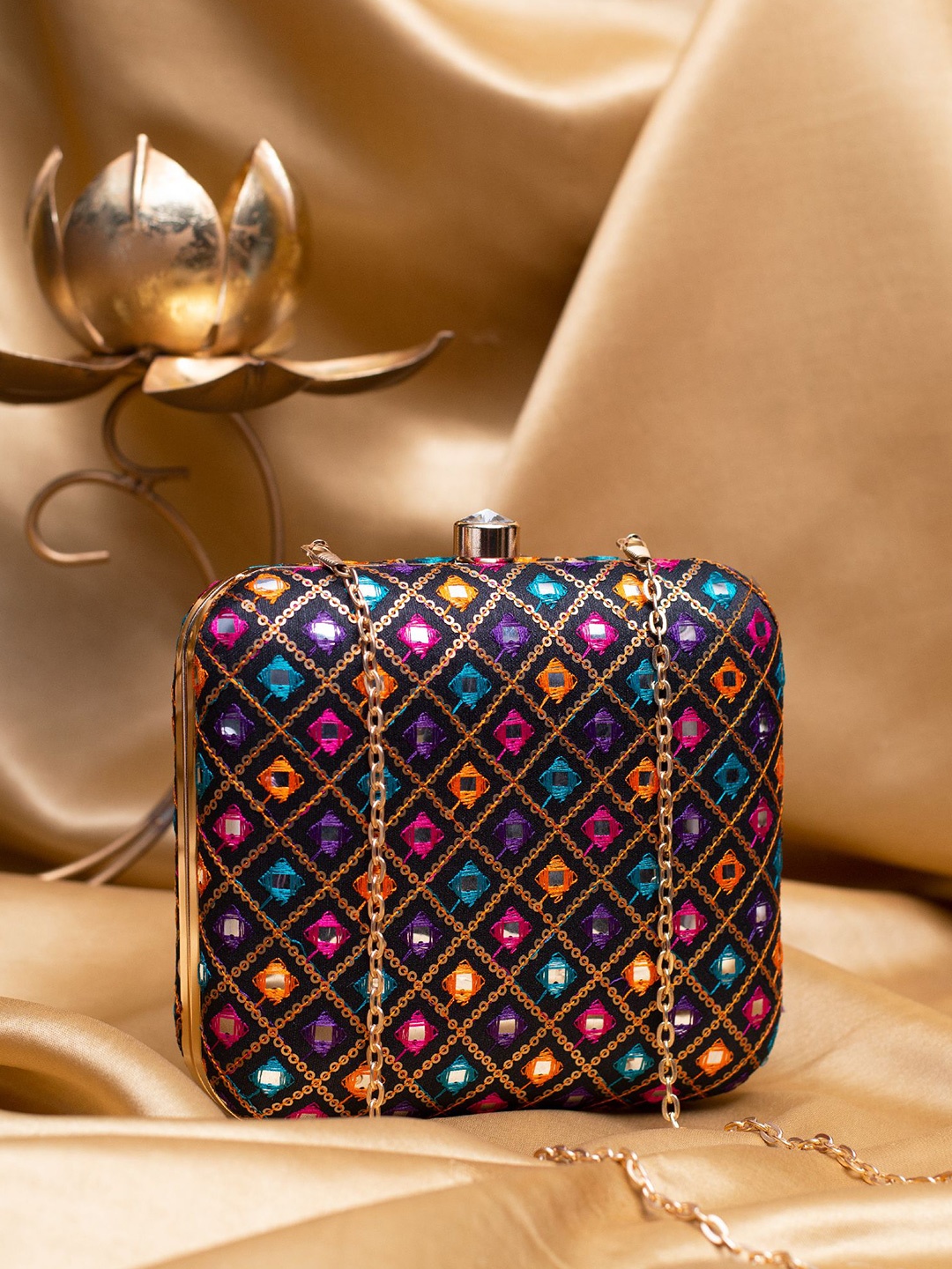 

ARTKLIM Threadwork Embroidered Box Clutch, Black