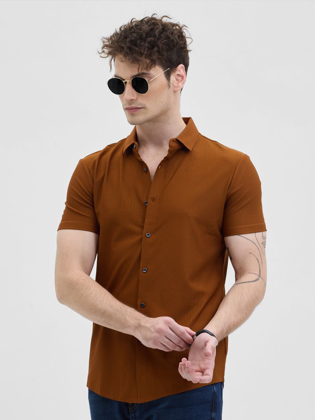

Snitch Men Slim Fit Spread Collar Textured Casual Shirt, Mustard