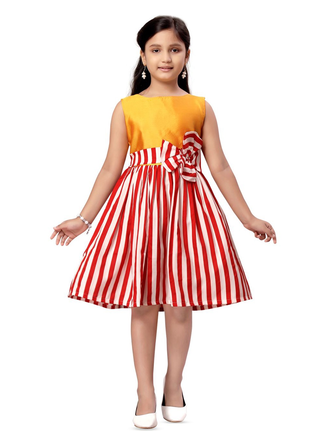 

YK Girls Striped Fit & Flare Dress, Gold