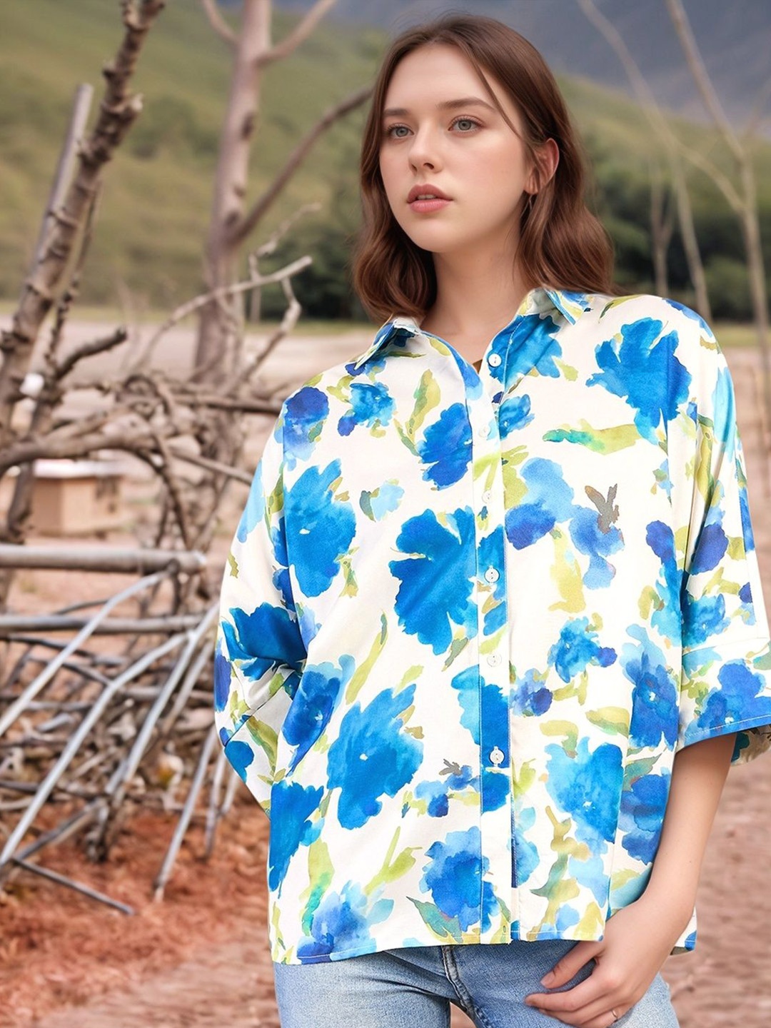 

RARE Women Spread Collar Floral Printed Casual Shirt, Cream