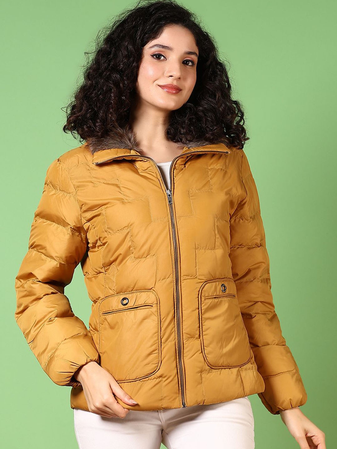 

V-Mart Women Mock Collar Solid Cotton Casual Parka Jacket, Mustard