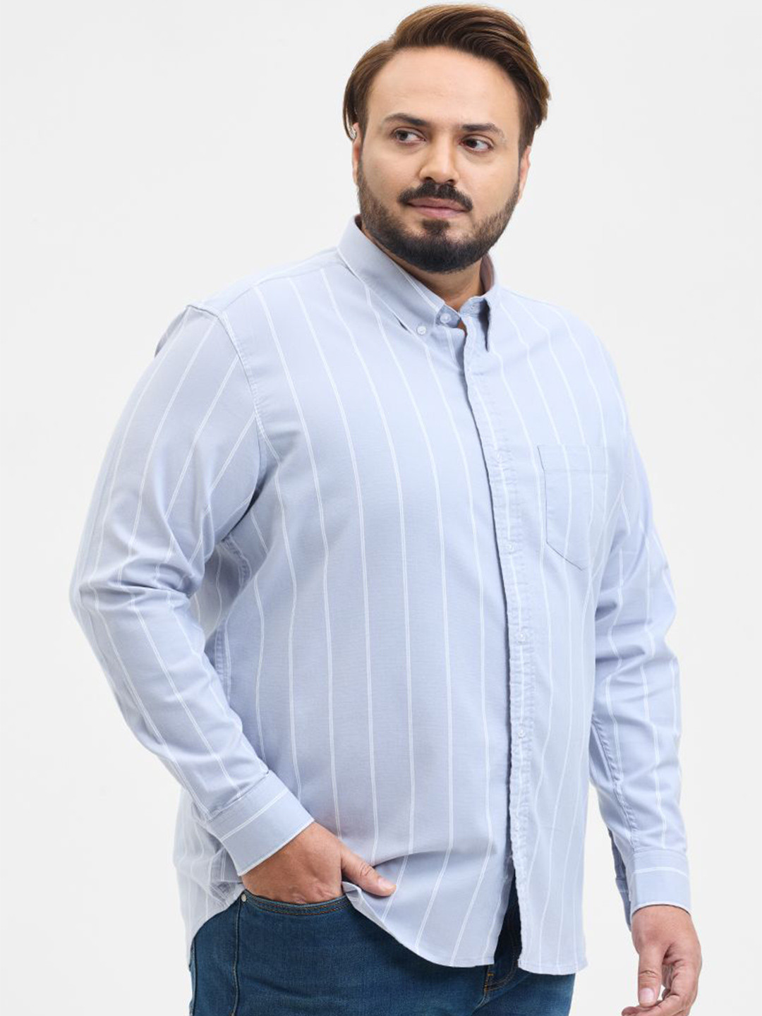 

Snitch Men Classic Fit Button-Down Collar Vertical Striped Casual Shirt, Blue