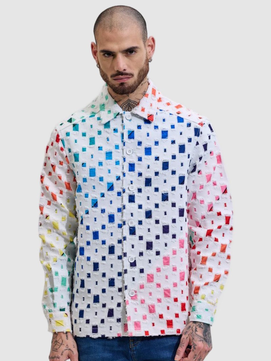 

Snitch Men Spread Collar Geometric Printed Cotton Casual Tailored Jacket, White