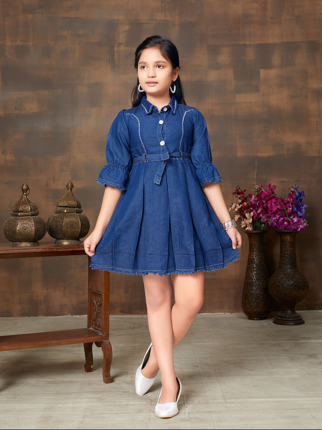 

YK Girls Cotton Fit & Flare Dress, Navy blue