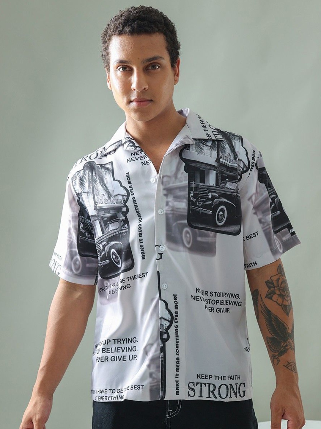 

HERE&NOW Men Relaxed Fit Spread Collar Graphic Printed Cotton Casual Shirt, White