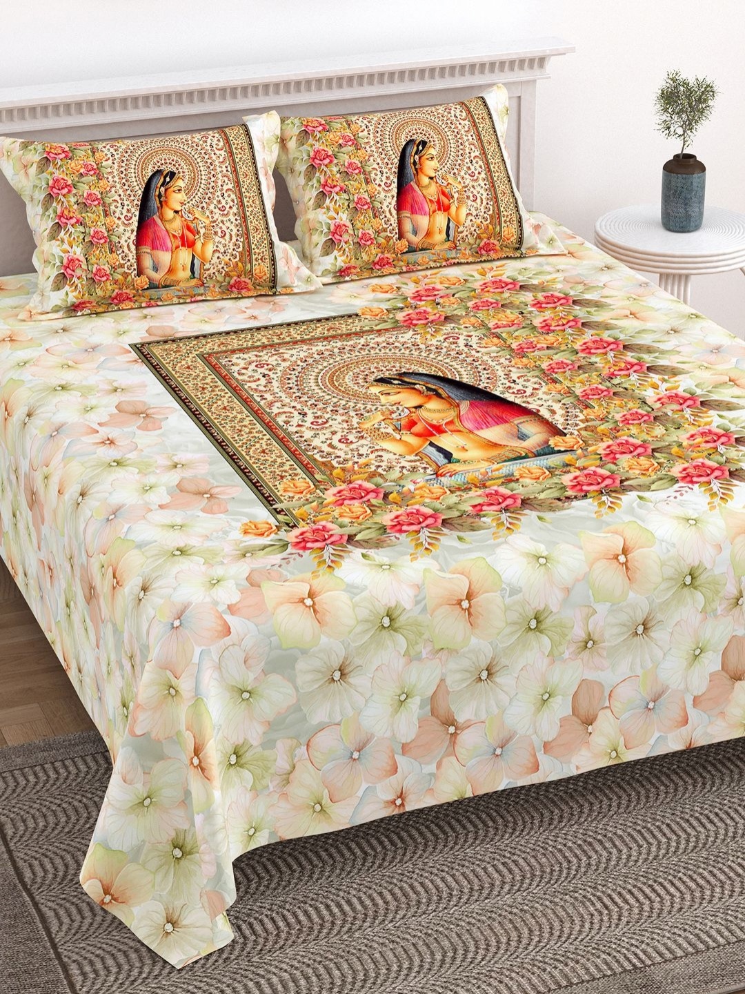 

BELLA CASA Green & Blue Ethnic Motifs 300 TC King Bedsheet with 2 Pillow Covers