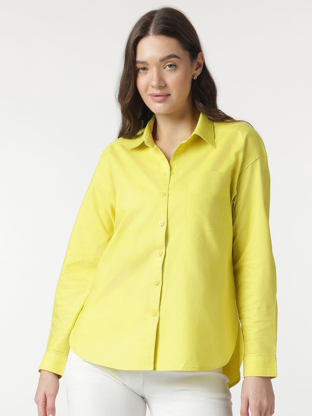 

Marks & Spencer Women Relaxed Fit Spread Collar Solid Cotton Casual Shirt, Yellow