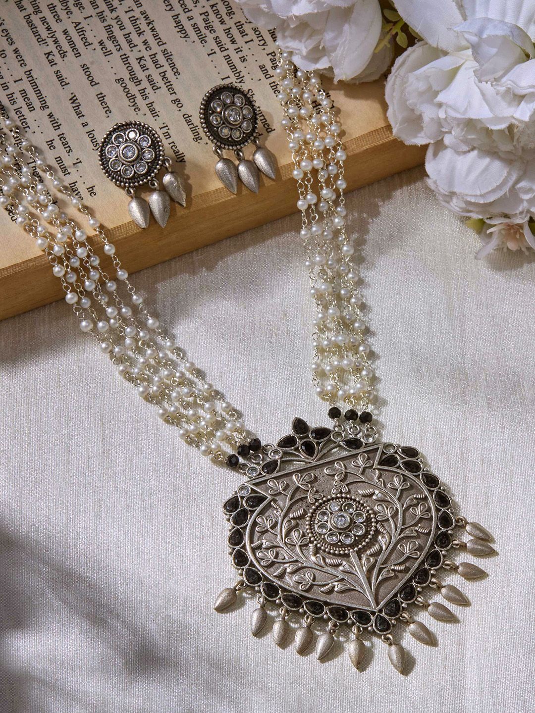 

Priyaasi Silver Plated Oxidized Artificial Stones and Beads Necklace & Earrings