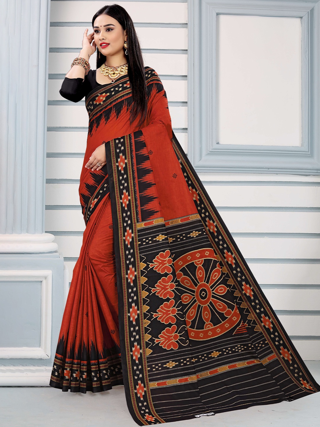 

pasapalli Ethnic Motifs Pure Cotton Sambalpuri Saree, Brown