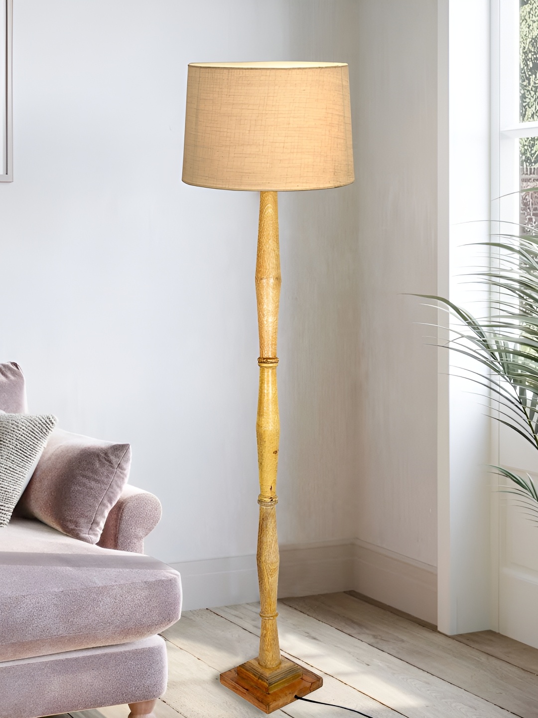 

Homesake Beige Cylinder Shaped Wooden Floor Lamp