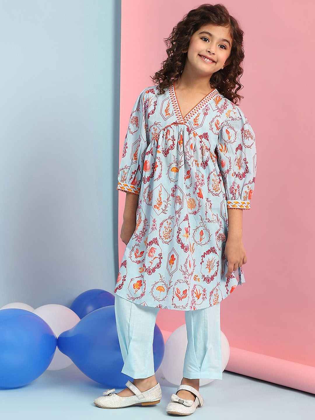 

Biba Girls Floral Printed Pure Cotton A-Line Kurta with Trousers, Blue