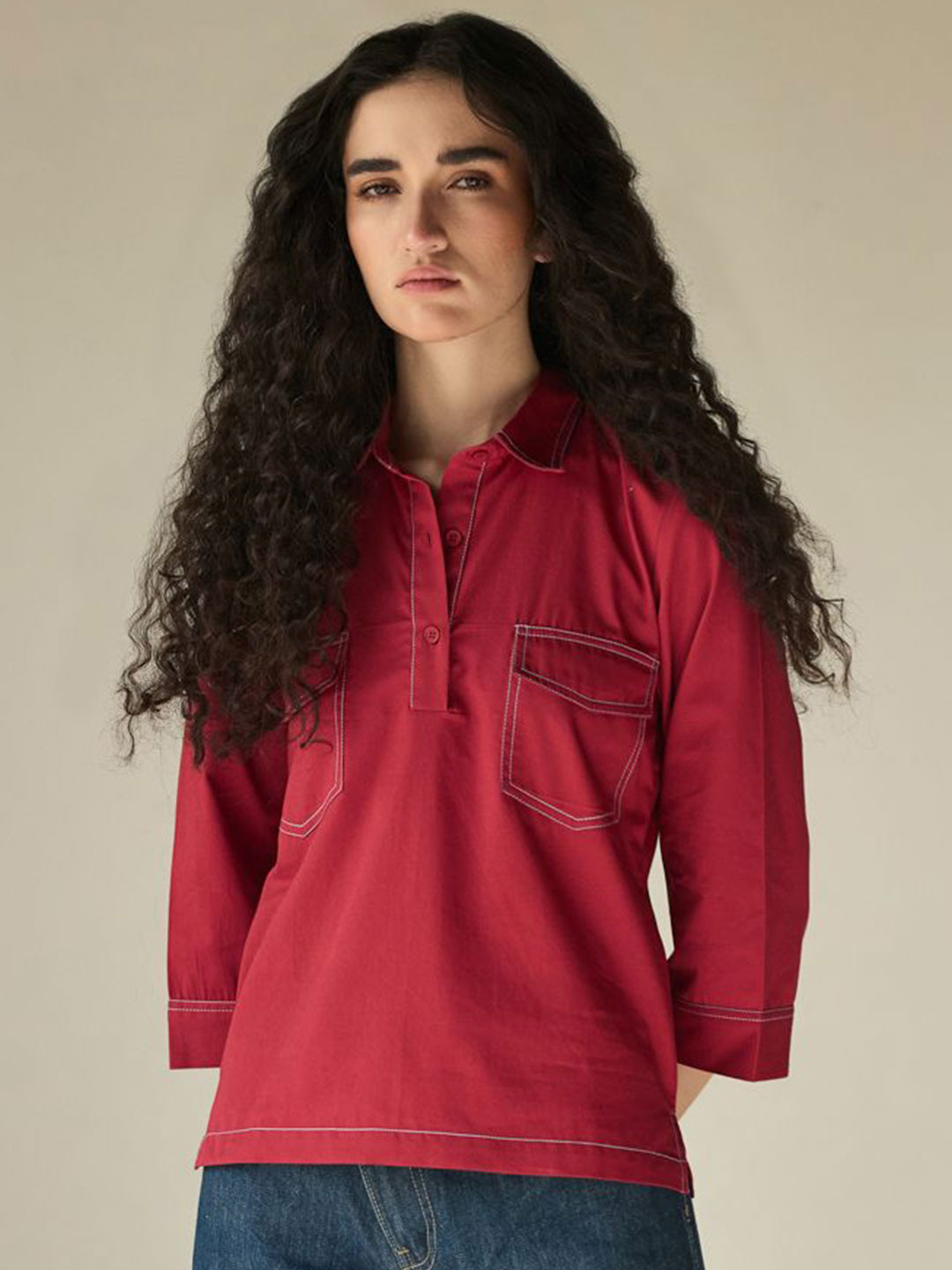 

Midsummer Women Spread Collar Solid Cotton Casual Shirt, Red